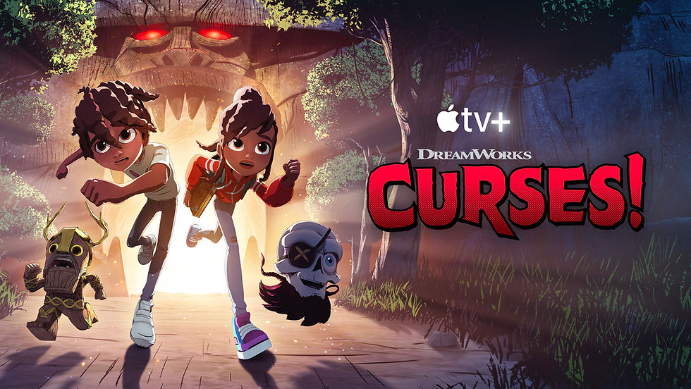 Two kids running out of cave towards camera