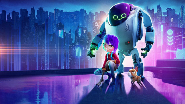 girl, dog and robot, on a rooftop in front of a digital city skyline