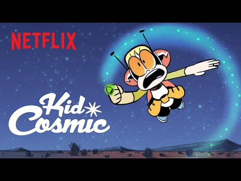 boy floating in space with a green ring and antennas