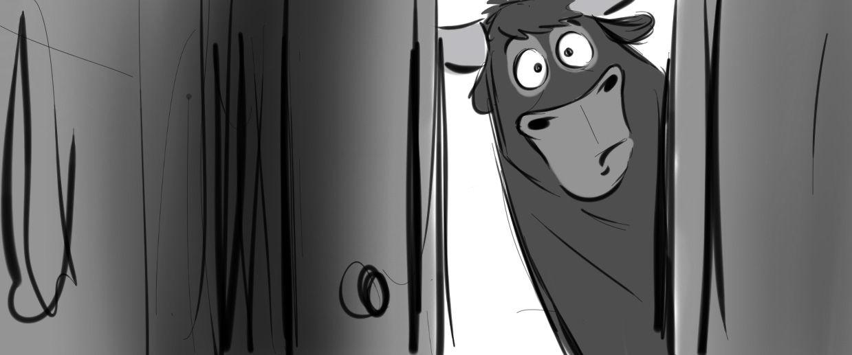line drawing of a bull looking through a doorway