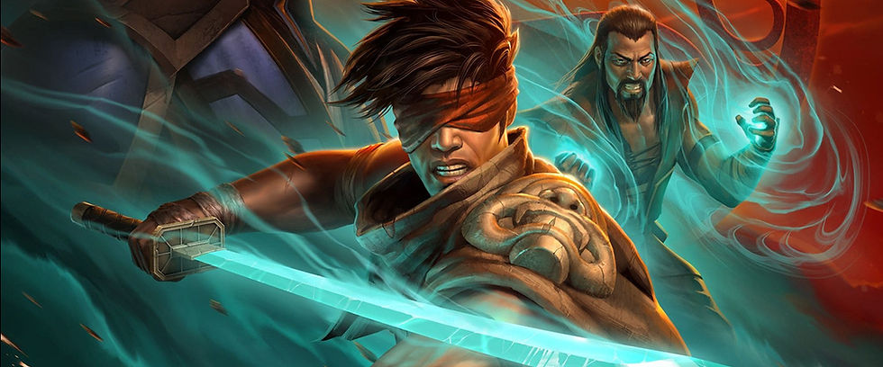 2 warriors in a blue mist. one is wielding a sword