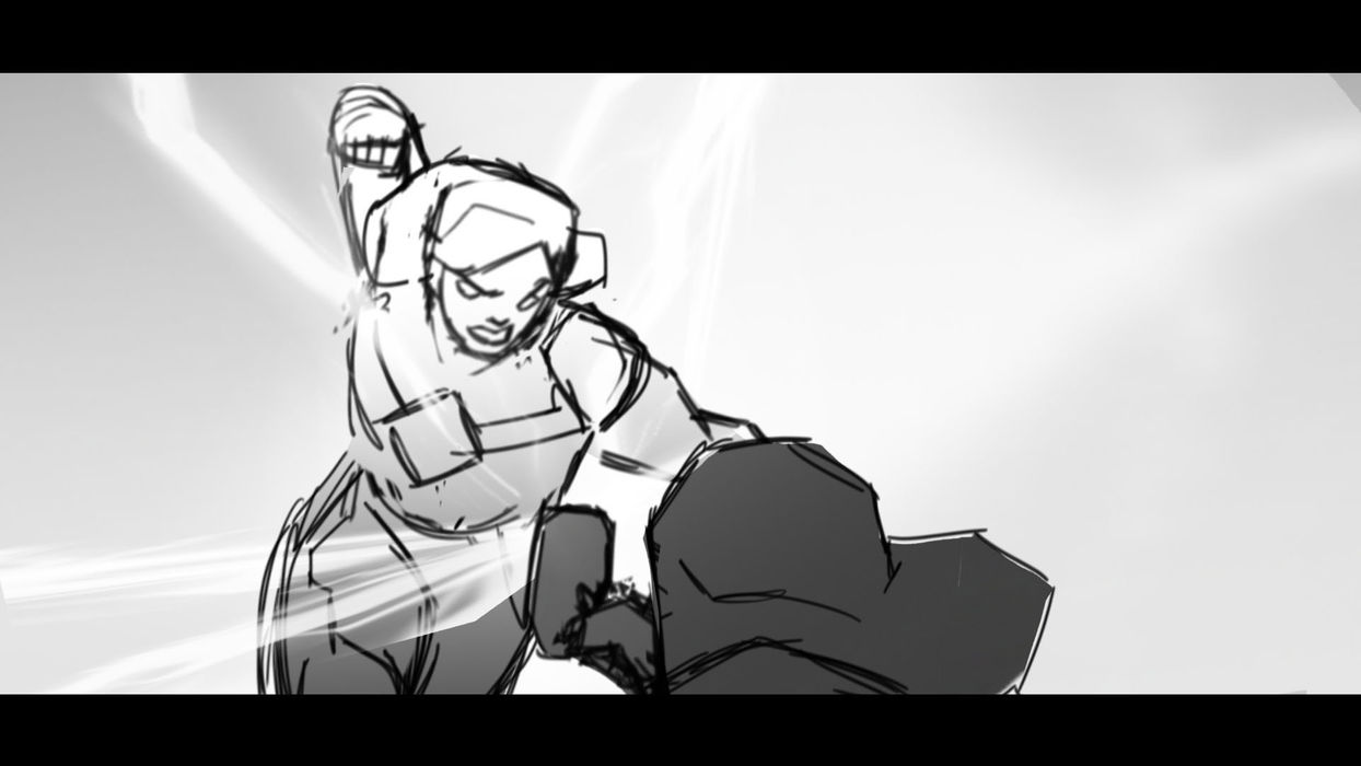 line drawing of two figures battling. one figure pulls back their arm to punch the other.