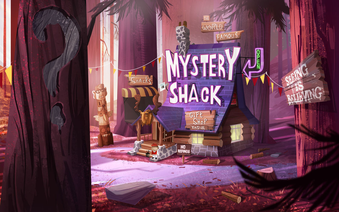 illustrated log cabin mystery shack gift shop in the middle of the forest