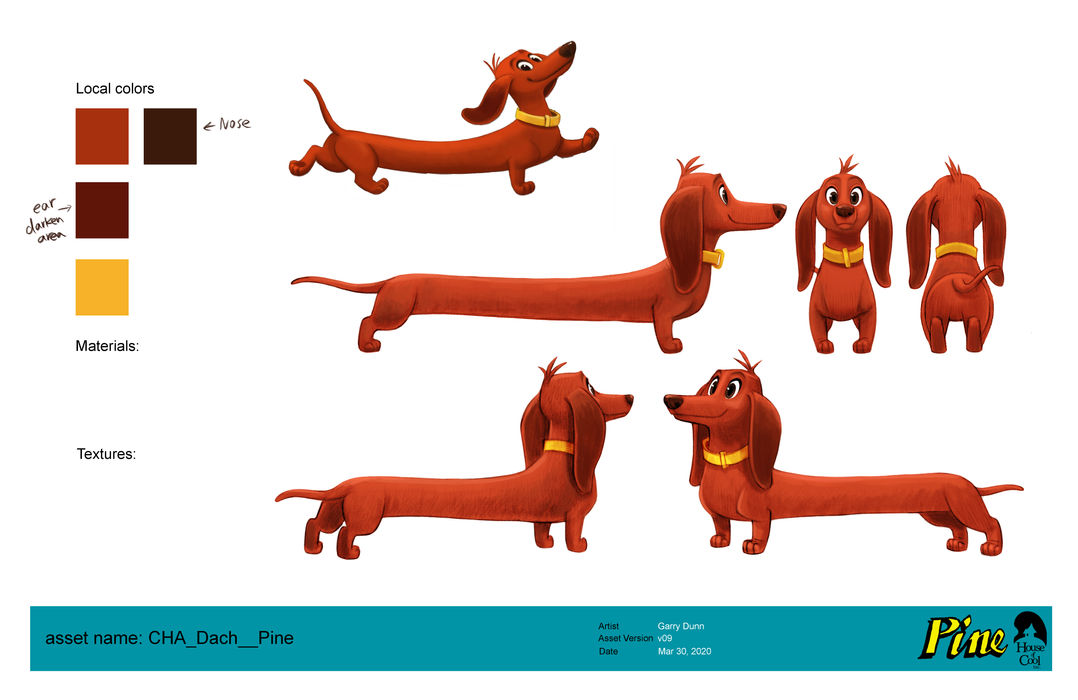 illustrations of a brown dachshund dog from multiple angles. colour swatches of shades of brown and yellow for the collar