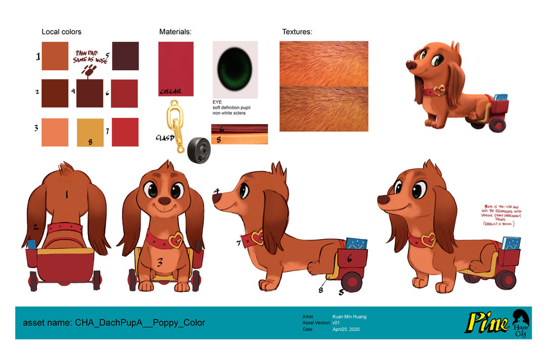 illustrations of a brown dachshund dog wearing a red collar using a red assistive wheelchair for its hind legs from multiple angles. colour swatches of shades of brown and reds and sample of fur texture