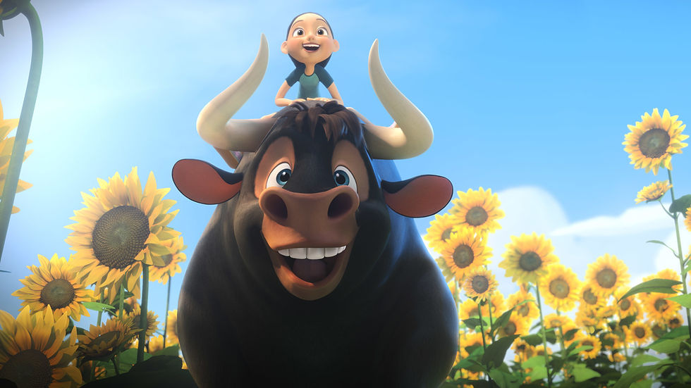 a girl on top of a bull in a field of sunflowers