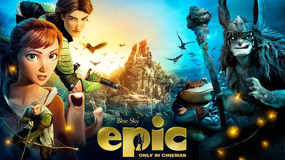 2 men, a women, some snails, a frog and a goblin surrounding a mountain at sunset