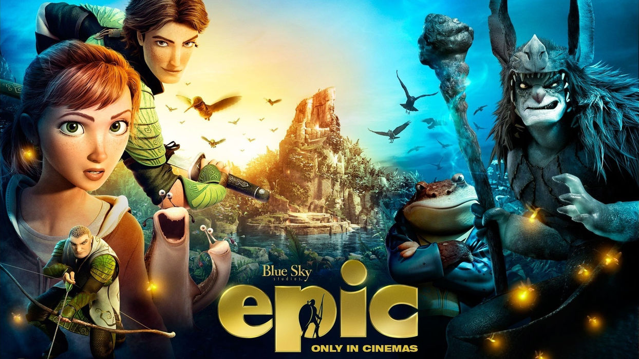 2 men, a women, some snails, a frog and a goblin surrounding a mountain at sunset