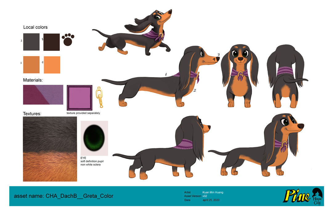 illustrations of black and  brown dachshund dog from multiple angles. colour swatches of shades of black, brown and purple for the scarf like collar and sample of fur texture