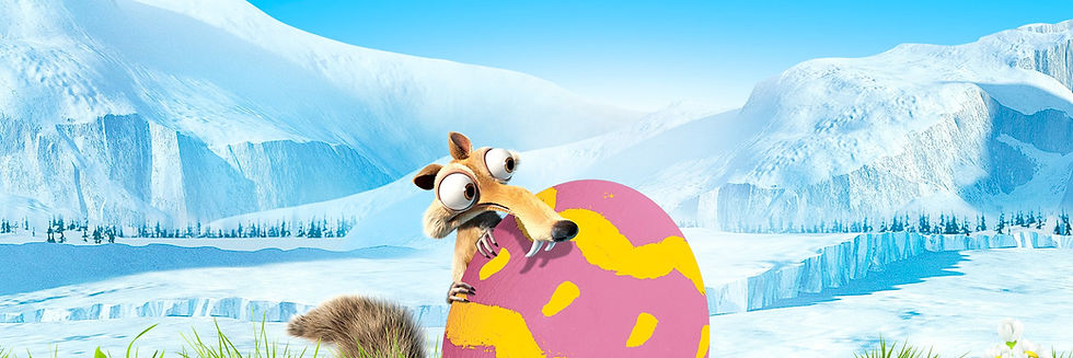 a saber-toothed squirrel holds onto a big, pink and yellow egg in the snowy mountains