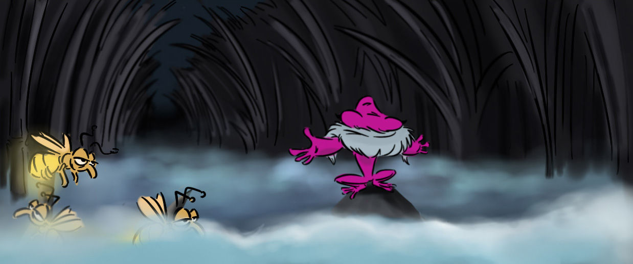 a pink frog sitting next to two fireflies in a dark foggy area
