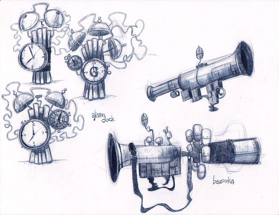 hand drawn alarm clocks and bazookas