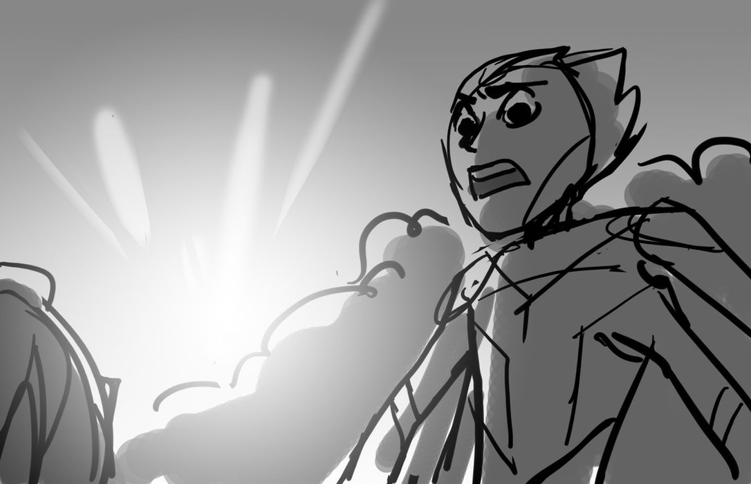 line drawing of a alien boy looking shocked with a bright light in the background