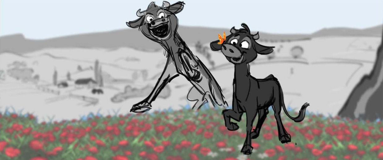 line drawing of two calves running through a poppy field