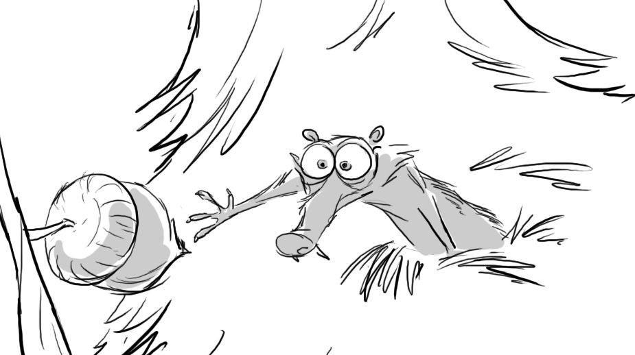 line drawing of a saber-toothed squirrel reading for an acorn