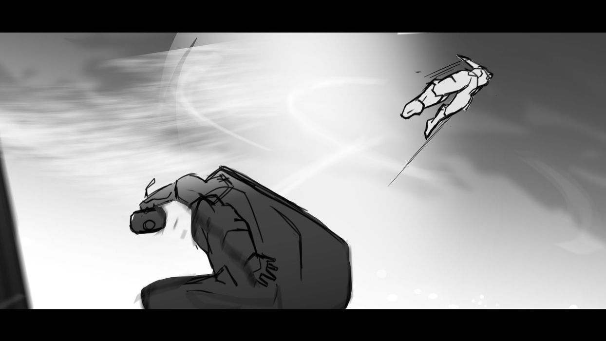 line drawing of two figures battling. one holds the hammer as the other is launched into backward from the force