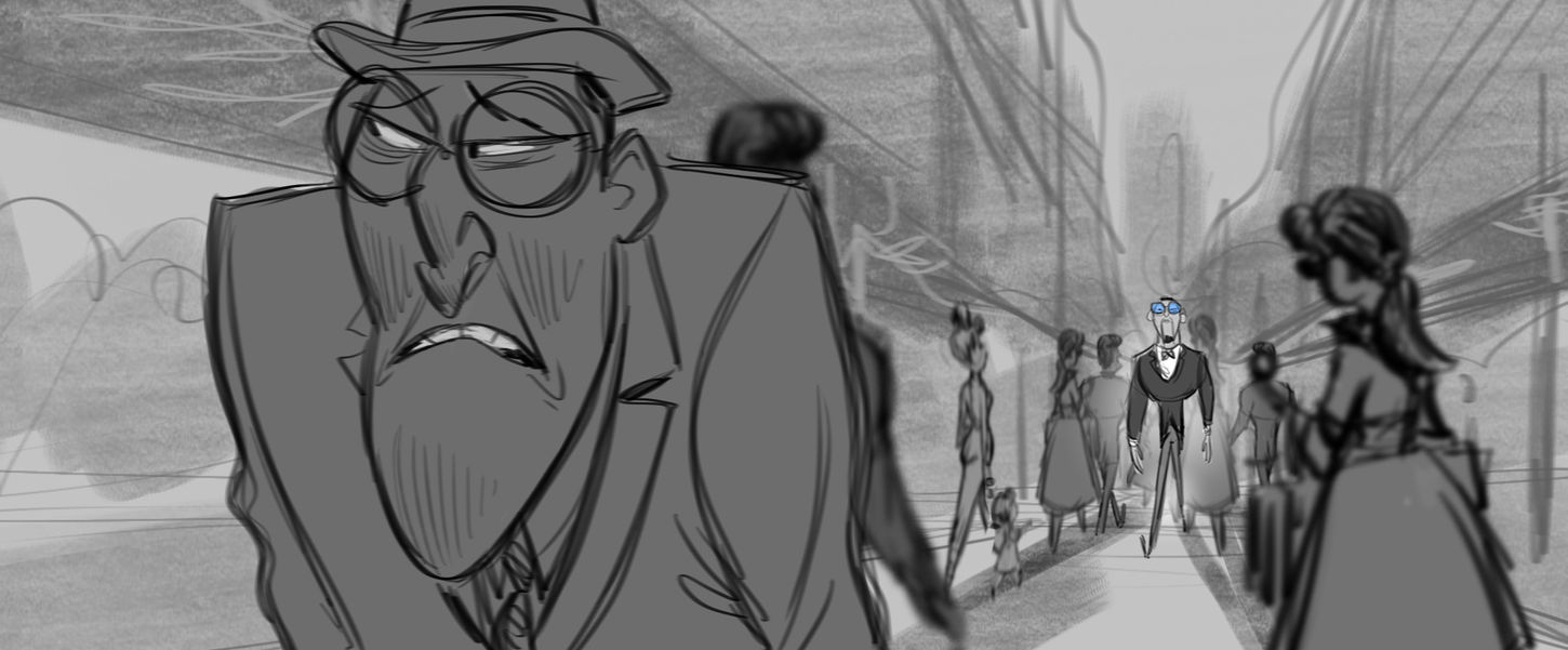 line drawing of a grumpy man walking down a busy street being followed by a man in a tuxedo