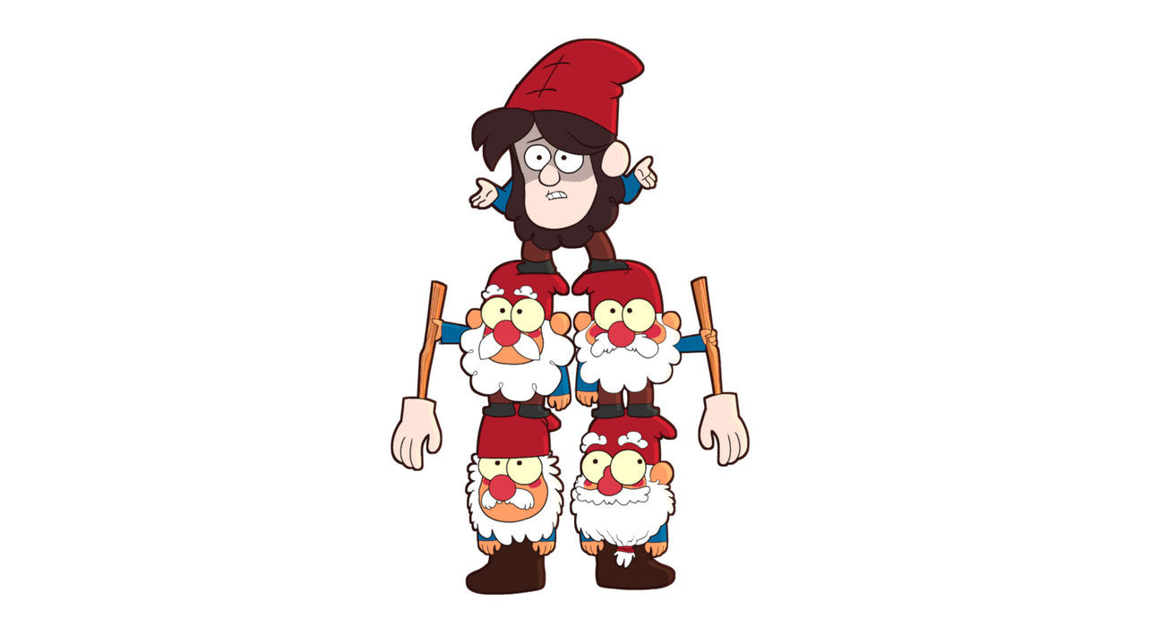 five gnomes standing on top of each other. two are holding sticks with hands on the ends like arms.