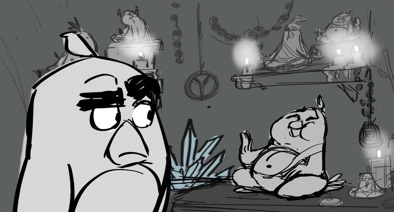 line drawing of a bird looking at another bird sitting by some candles