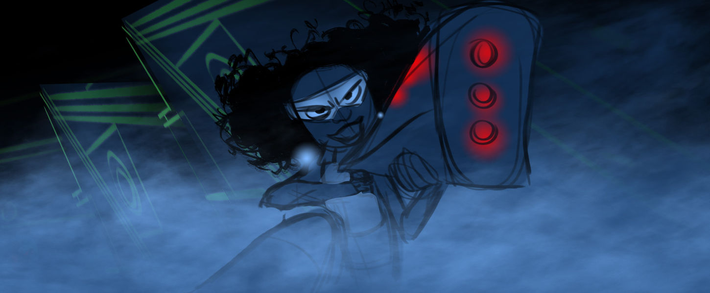 line drawing of a woman with a mask over her eyes holding a big blaster