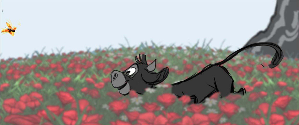 line drawing of a calf running through a poppy field