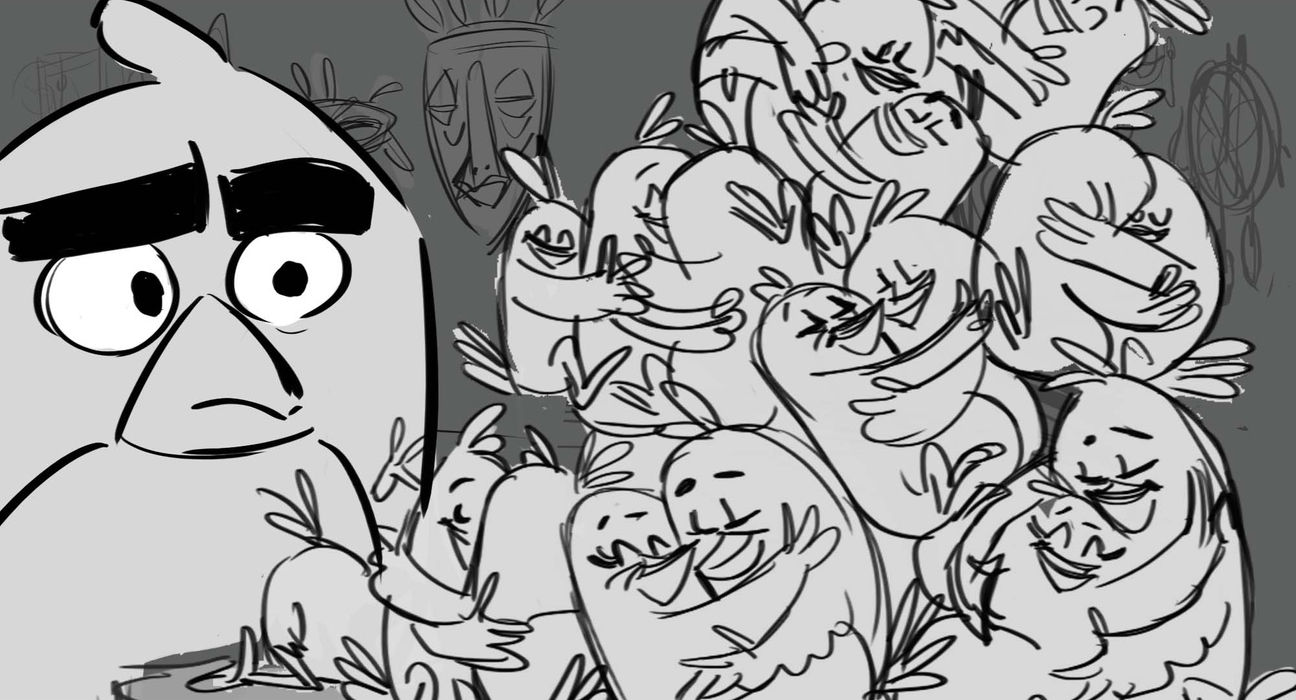 line drawing of a bird looking at a large group of baby birds