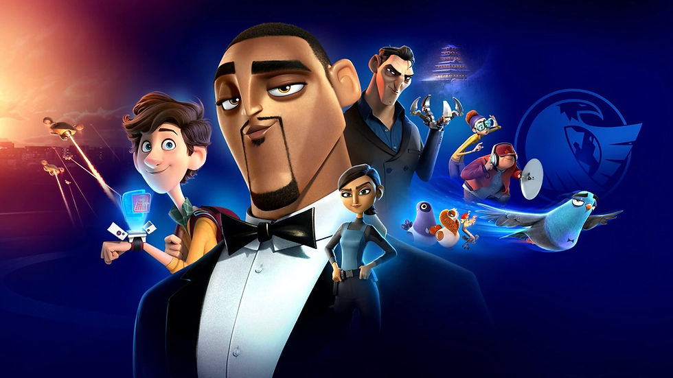 a man in a tuxedo, a boy with a holographic watch, a woman, a man with a robot claw hand, and some birds