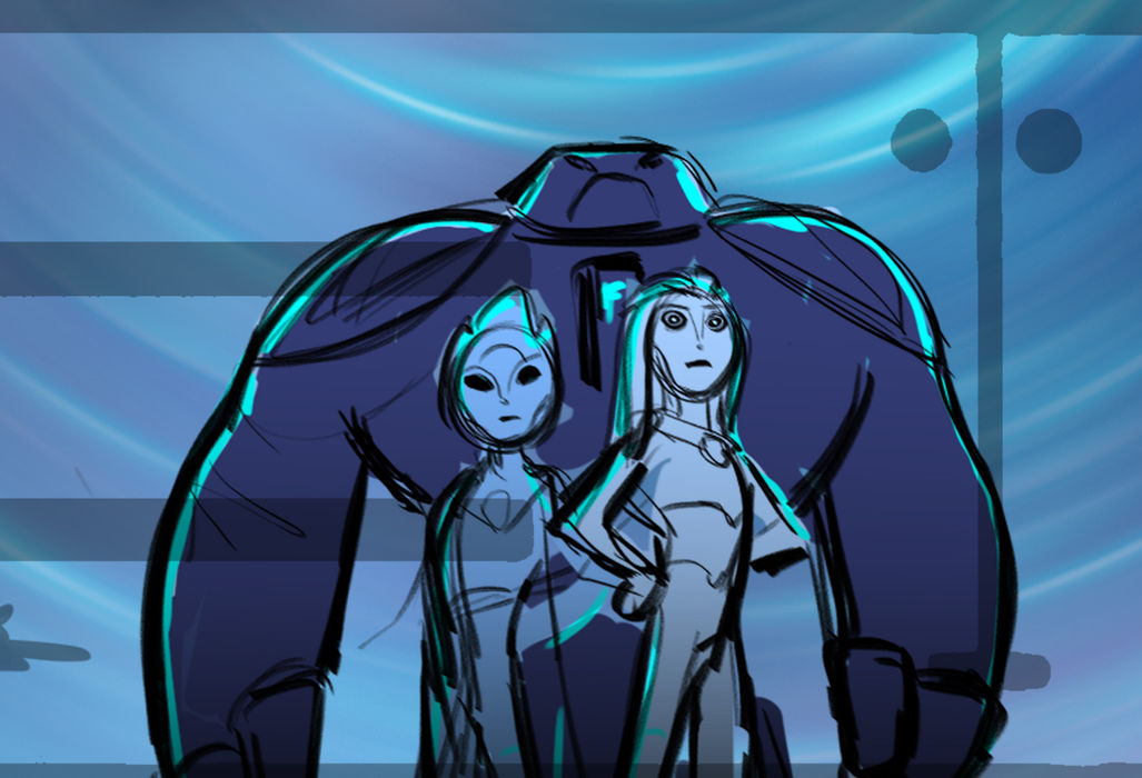 hand drawing of alien brother and sister standing with their bodyboard 