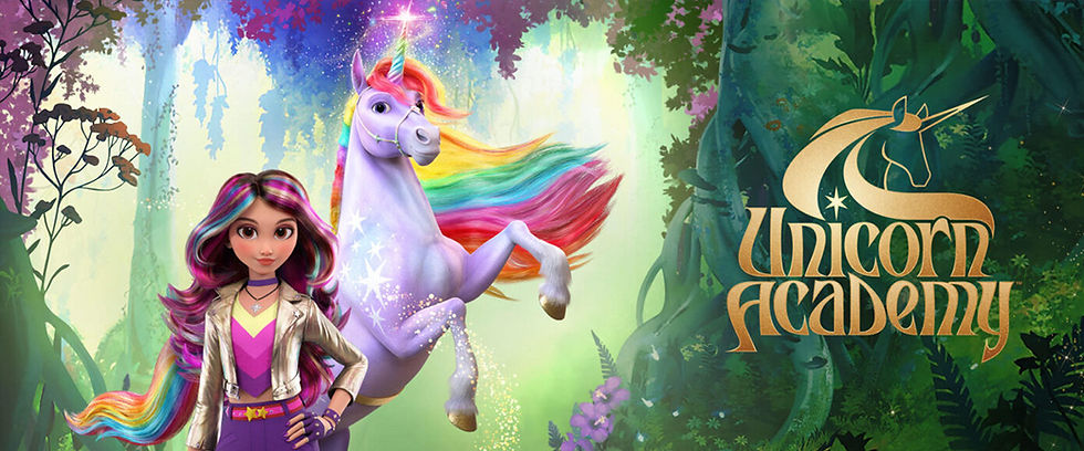 a girl and a unicorn with a rainbow mane in a lush green forest