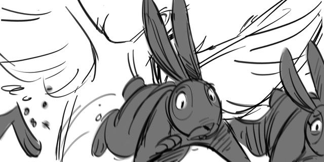 line drawing of 3 rabbits running away from the bird as it flaps its wings. 