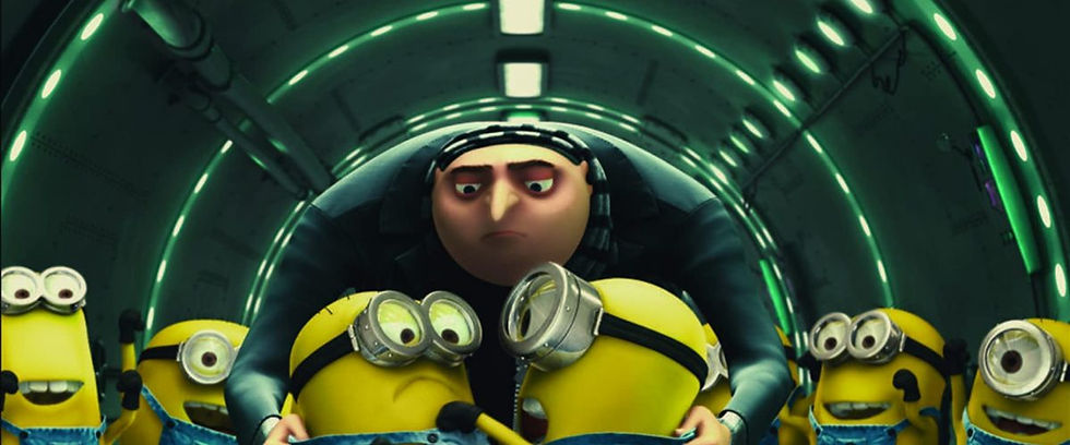 a man and several yellow minions wearing googles in a tunnel