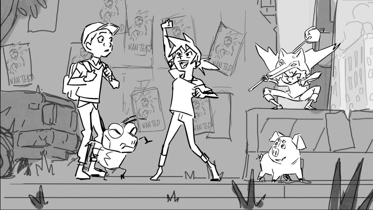 line drawing of a girl raising her fist above her head while a boy with a backpack and a girl wearing a wolf costume look towards her. they are joined by a giant bug and 4-eyed pig on the street.