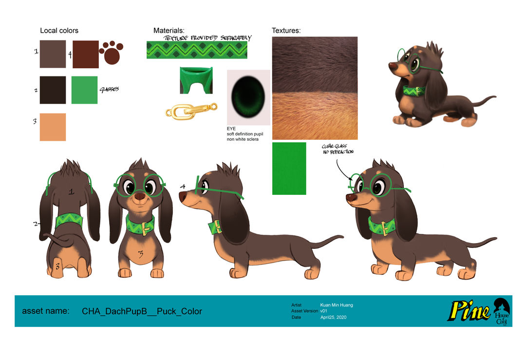 illustrations of a brown dachshund dog wearing a green collar and green glasses from multiple angles. colour swatches of shades of brown and green and sample of fur texture