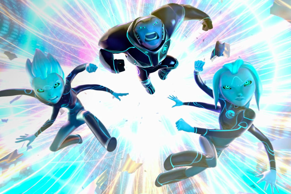 four armed, blue skinned alien siblings and their bodyguard leap from a cosmic explosion 