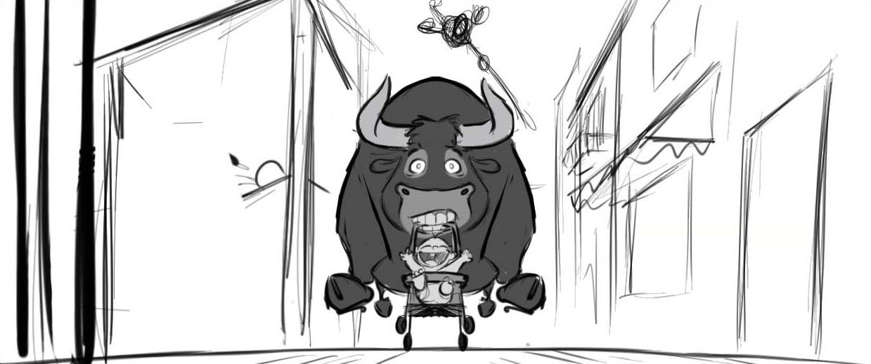 a bull running down a street pushing a baby buggy with his teeth