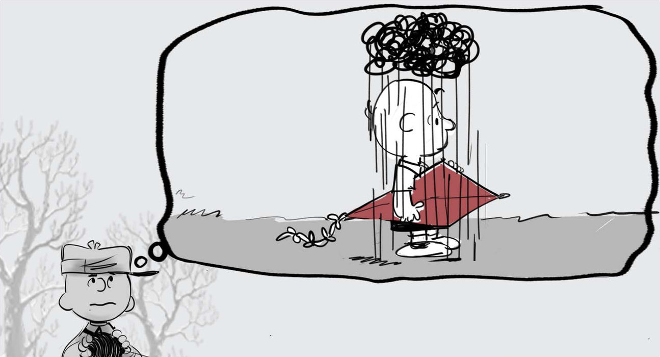 a boy imagining himself walking with his kite in under a rain cloud