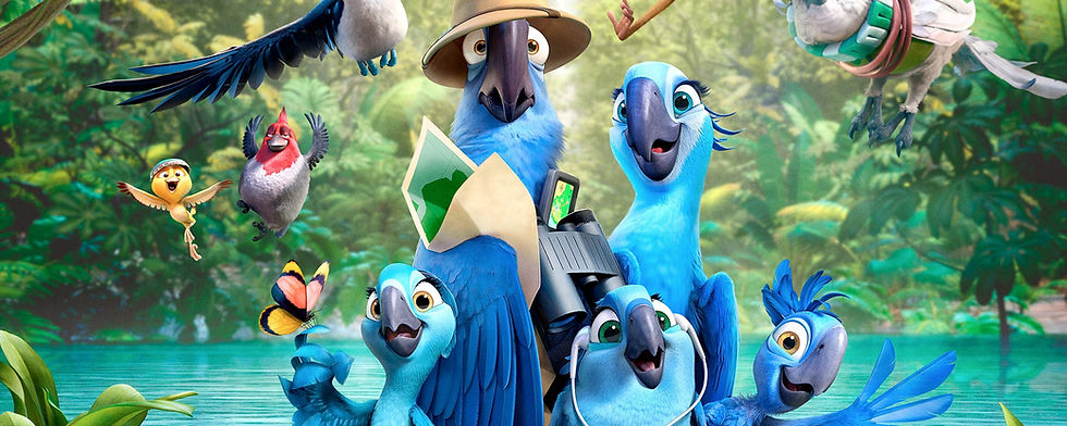 family of blue Spix's macaws surrounded by other tropical birds in a forest.