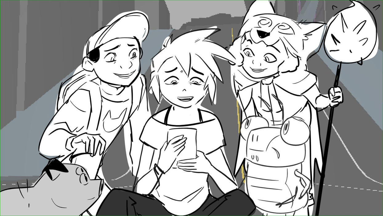 line drawing of a girl holding a paper while a boy wearing a backpack and baseball cap and a girl holding wearing a wolf costume holding a staff look on. joined by a giant bug and a 4-eyed pig