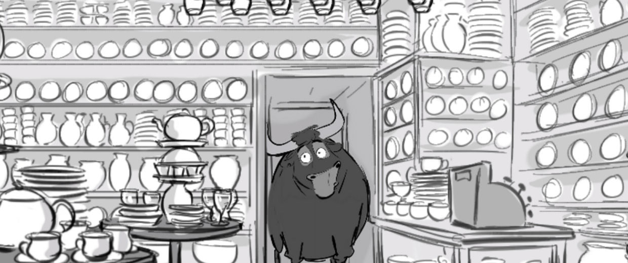line drawing of a bull walking into a dish shop