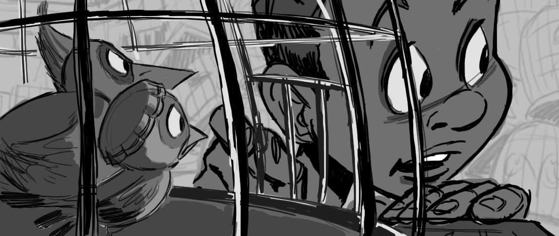 line drawing of a boy looking away from birds in a bird cage