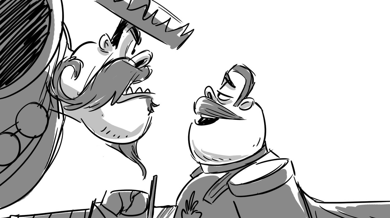 line drawing of two men with moustaches talking to each other. the man on the left is bigger and madder