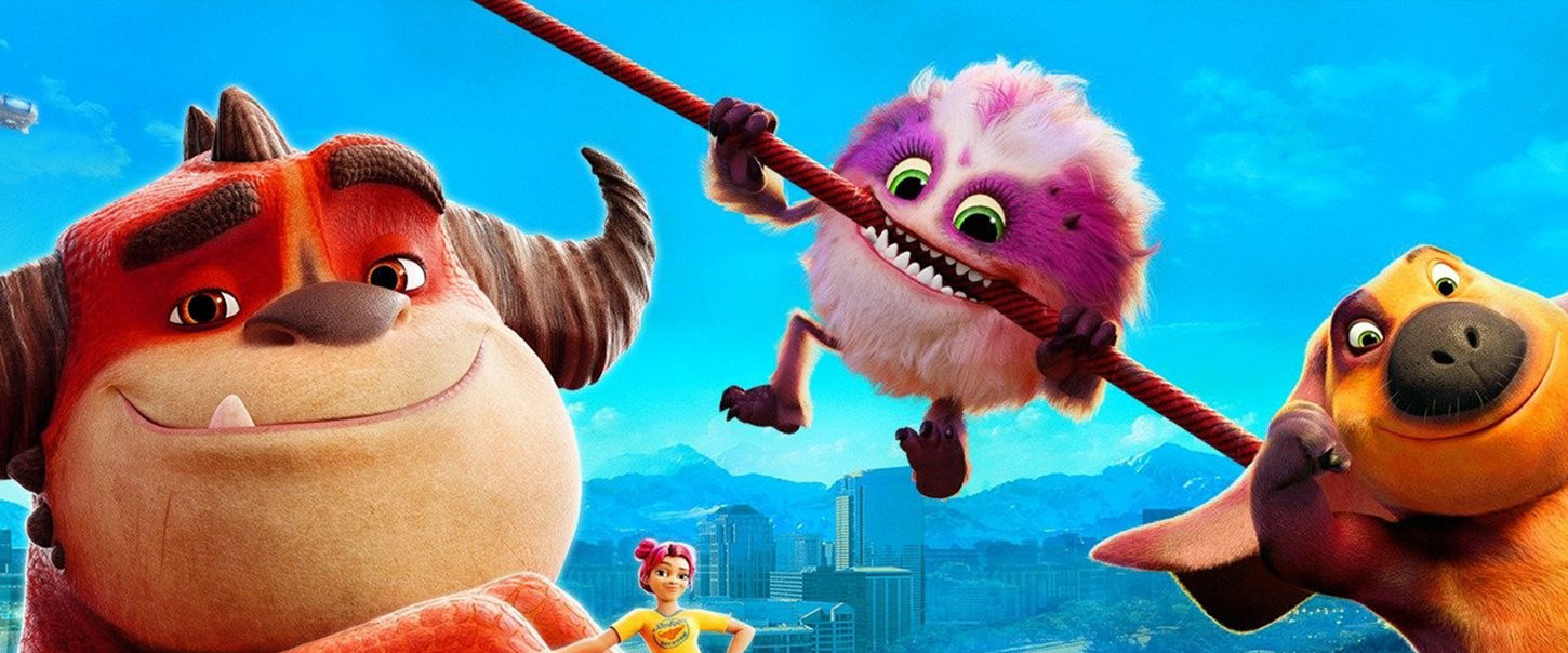 a girl in a yellow shirt and 3 monsters: red with horns, a pink puff ball, and a brown furry monster with a big nose and floppy ears