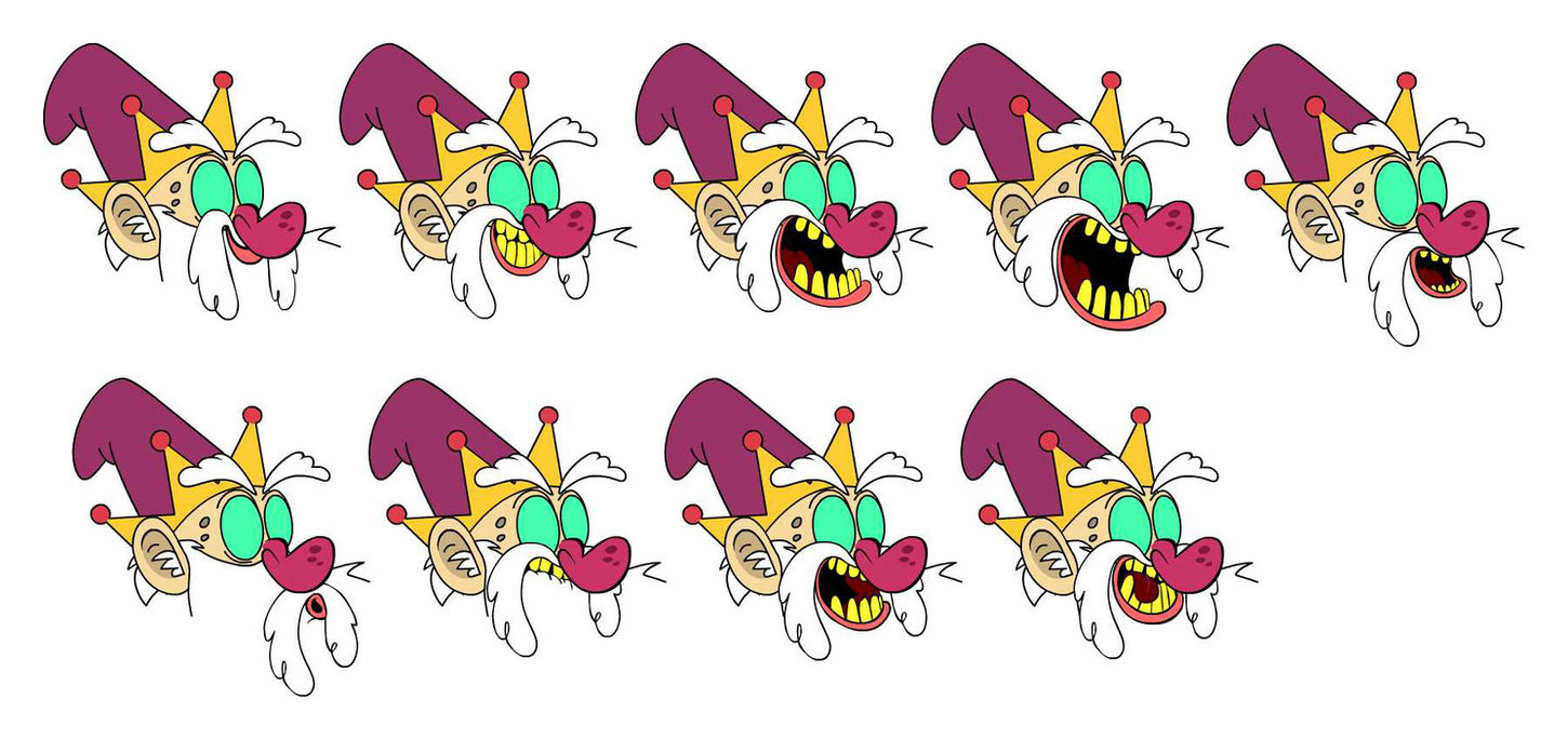 drawings of a man wearing a red had and crown showing various facial expressions