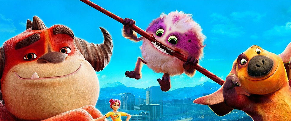 a girl in a yellow shirt and 3 monsters: red with horns, a pink puff ball, and a brown furry monster with a big nose and floppy ears
