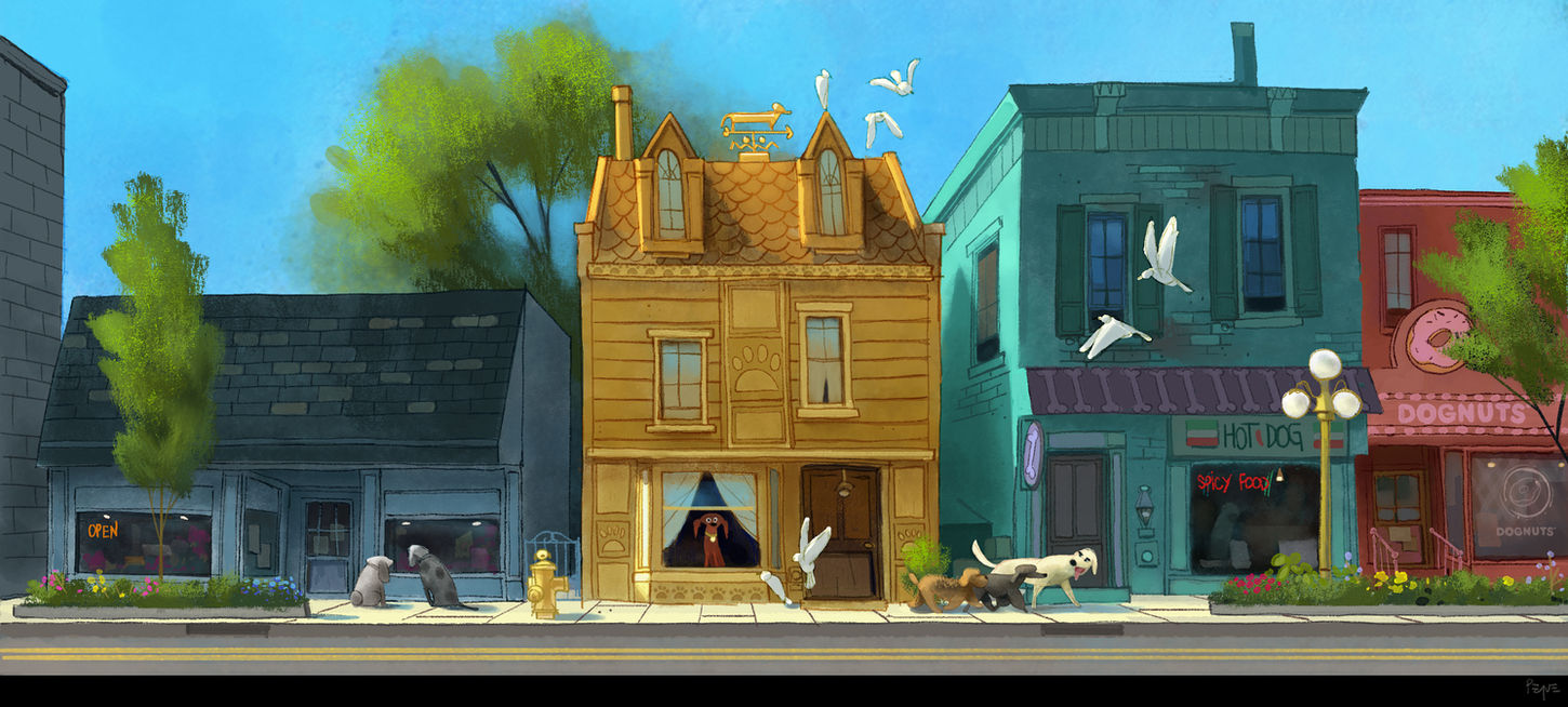 illustrated streetscape of dog themed shops. blue shop with an open sign. yellow house with paw print on the front. green hot dog restaurant with a spicy food sign. pink dognuts donut store.