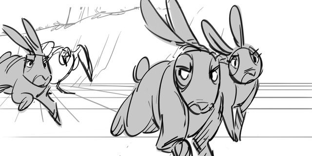 line drawing of 3 rabbits running from a bird in the distance