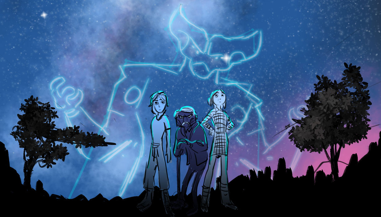 hand drawing of three teenagers standing in a park at night. the sky above has the outline of a cosmic villain