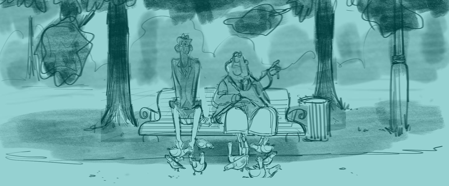 line drawing of two men on a park bench feeding the birds