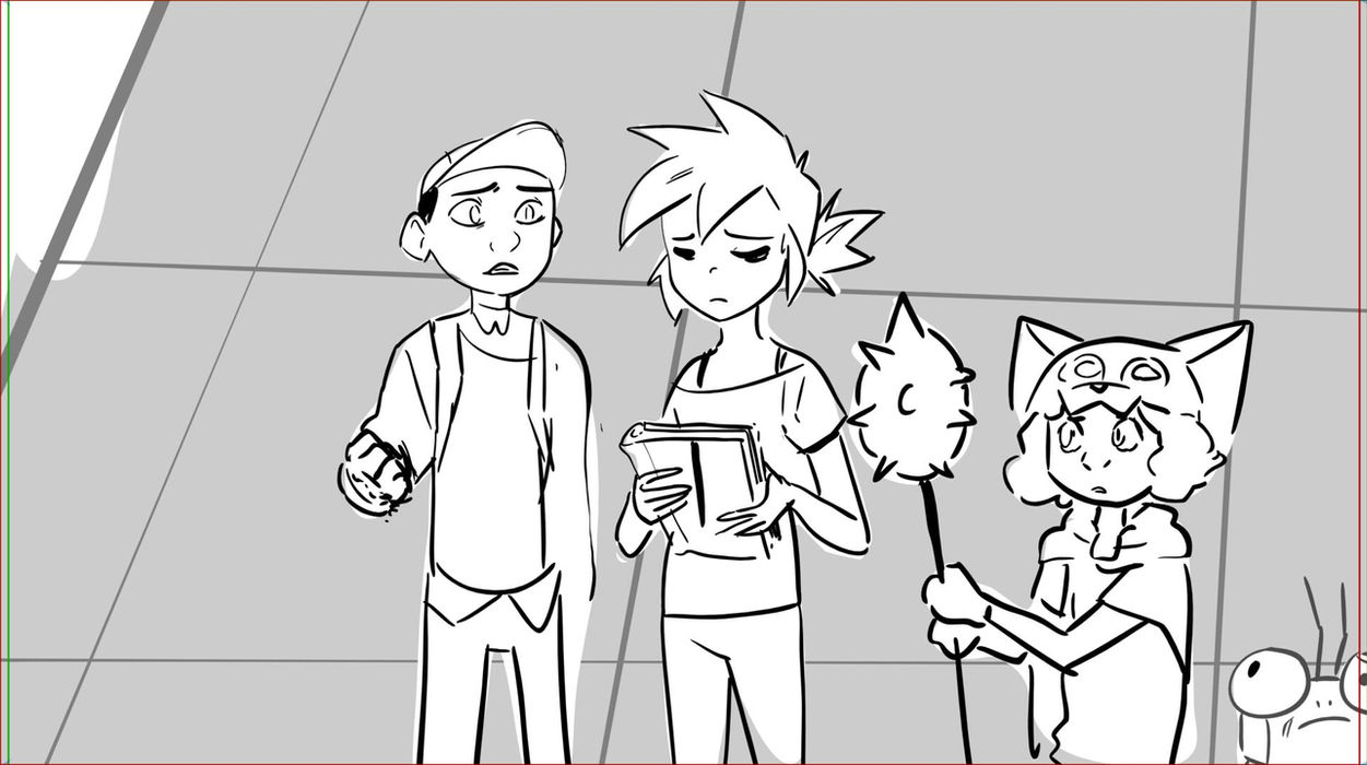 line drawing of a girl holding a bookwhile a boy wearing a backpack and baseball cap and a girl holding wearing a wolf costume holding a staff look on. joined by a giant bug looking at them