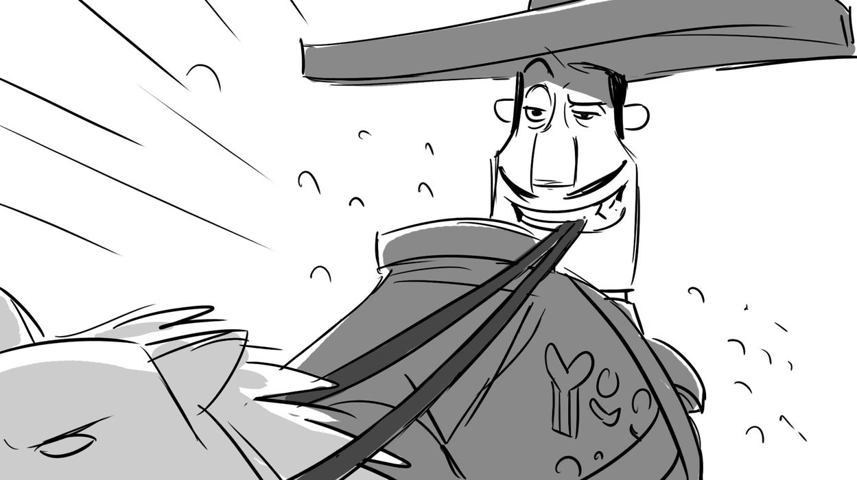 line drawing of a man riding a horse, holding the reigns in his mouth